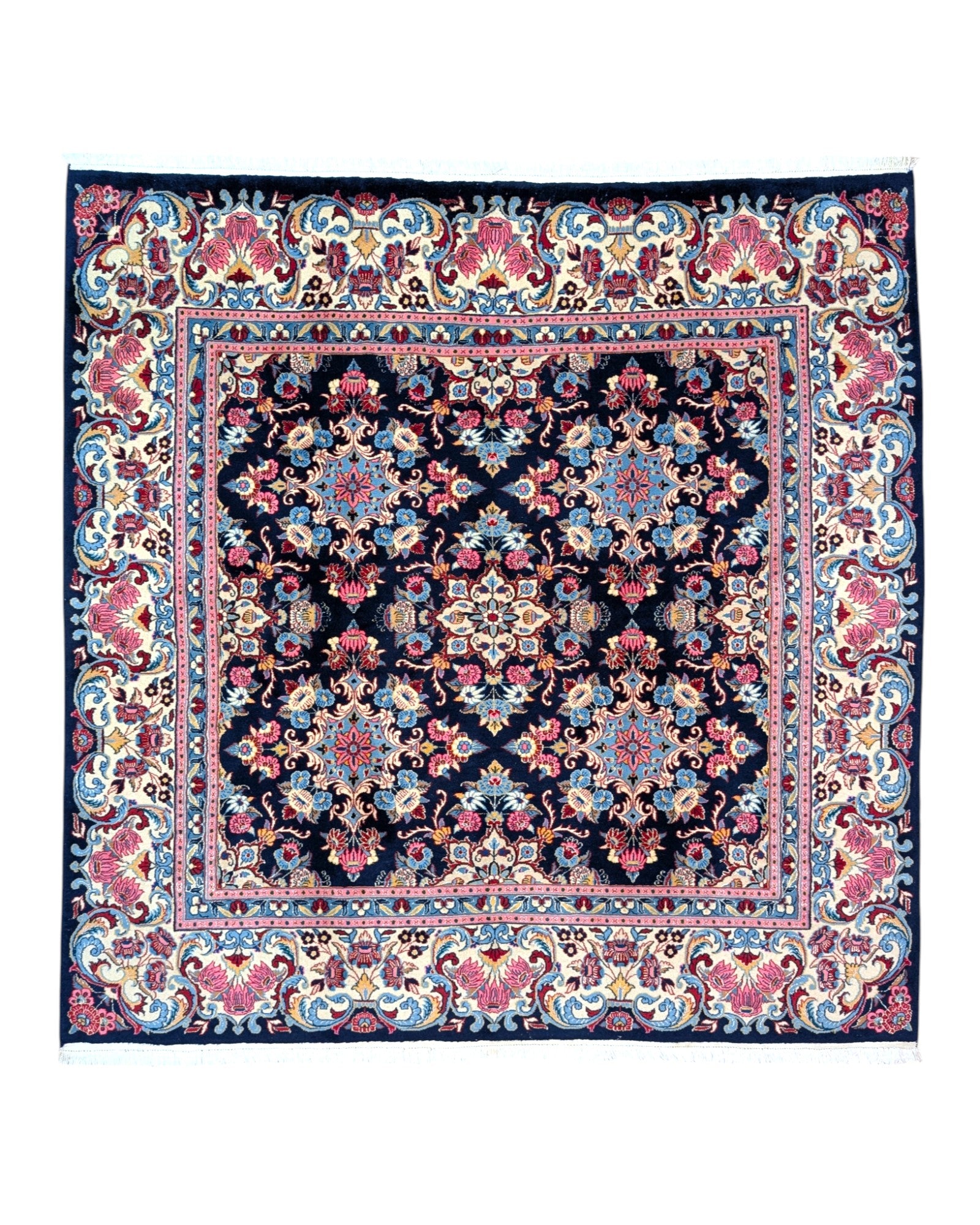 Tappeto Varamin in blu persiano, rosa antico e verde, annodato a mano in Persia con cotone e lana mista seta. Certificato di autenticità incluso.