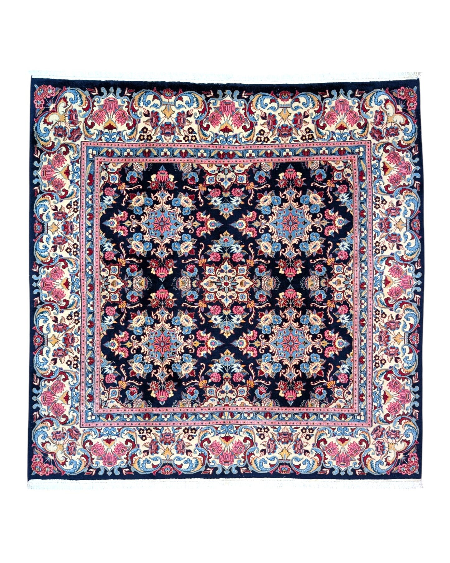 Tappeto Varamin in blu persiano, rosa antico e verde, annodato a mano in Persia con cotone e lana mista seta. Certificato di autenticità incluso.