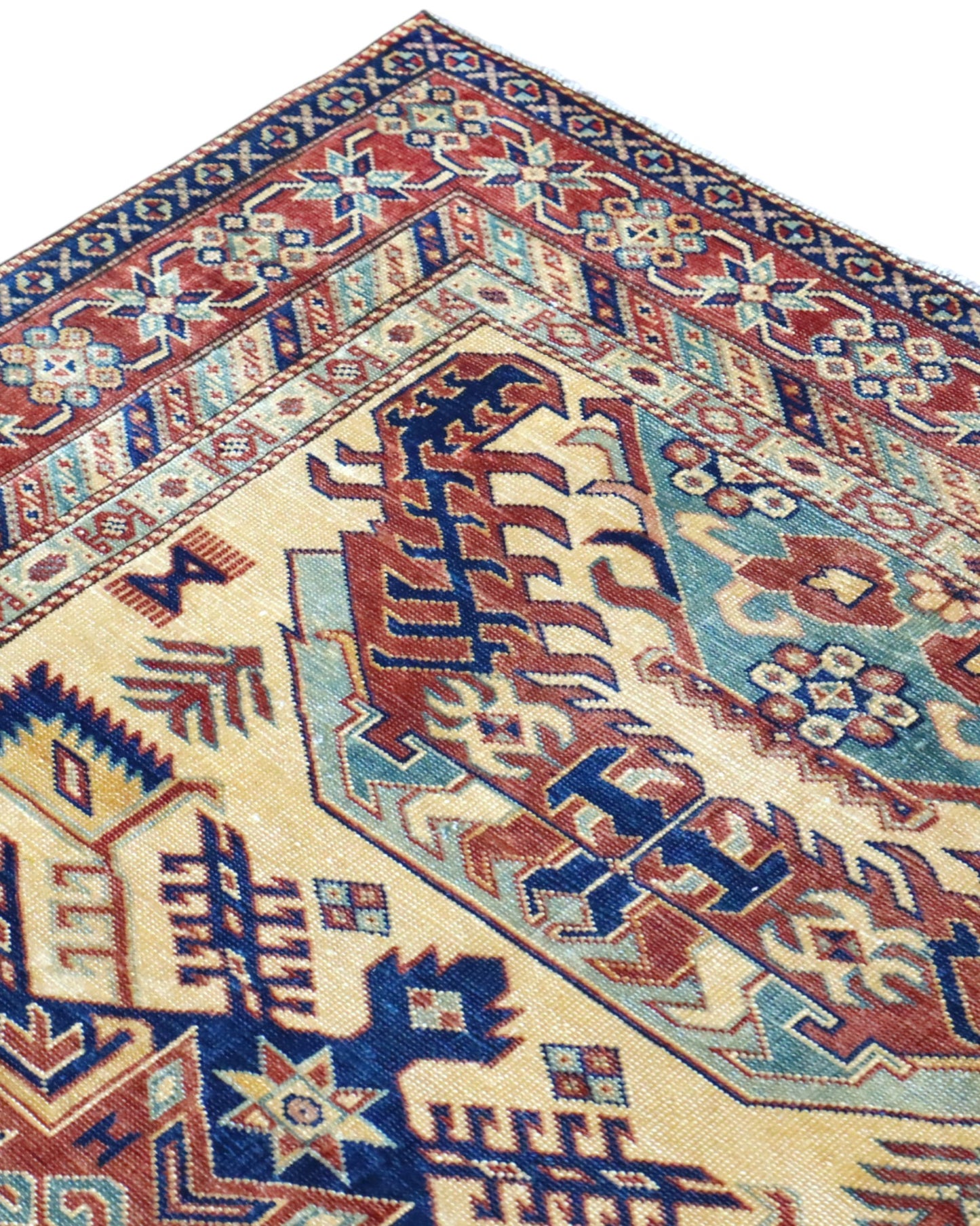 Tappeto Shirvan Afghan annodato a mano 159x120 cm con motivi geometrici caucasici e colori vivaci.