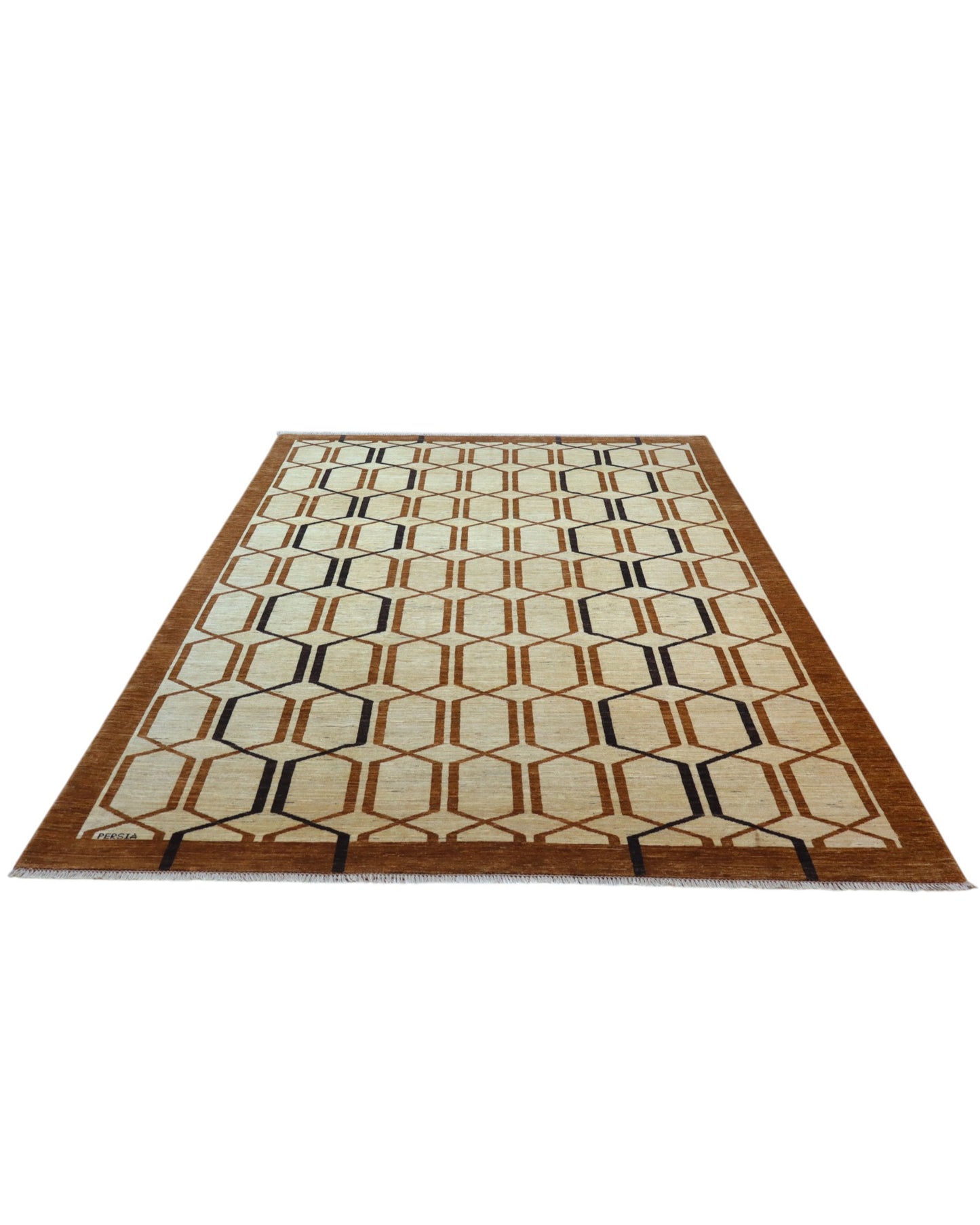 Tappeto Moderno persiano 300x203 cm con fondo beige e motivi geometrici esagonali in marrone e nero, tramato ed annodato a mano.