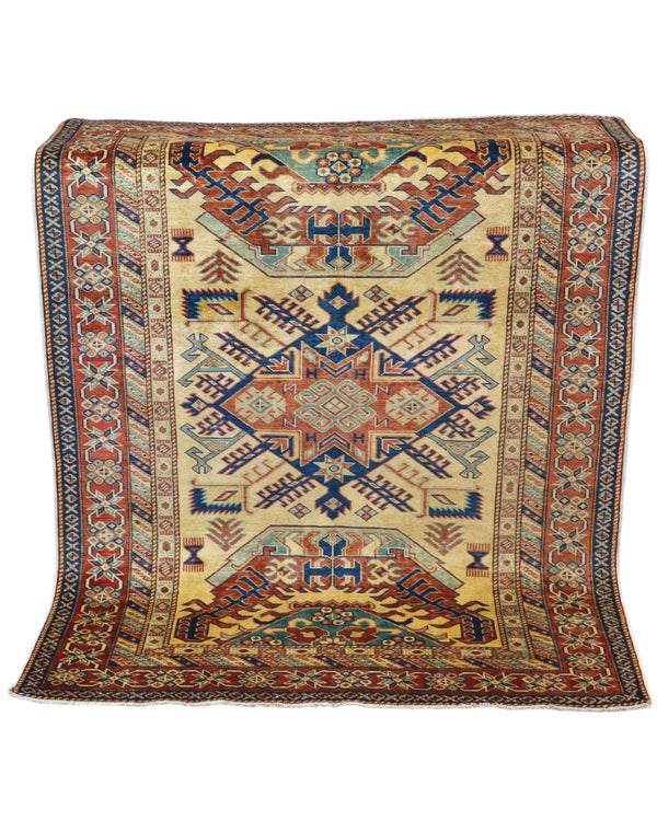 Tappeto Shirvan Afghan annodato a mano 159x120 cm con motivi geometrici caucasici e colori vivaci.