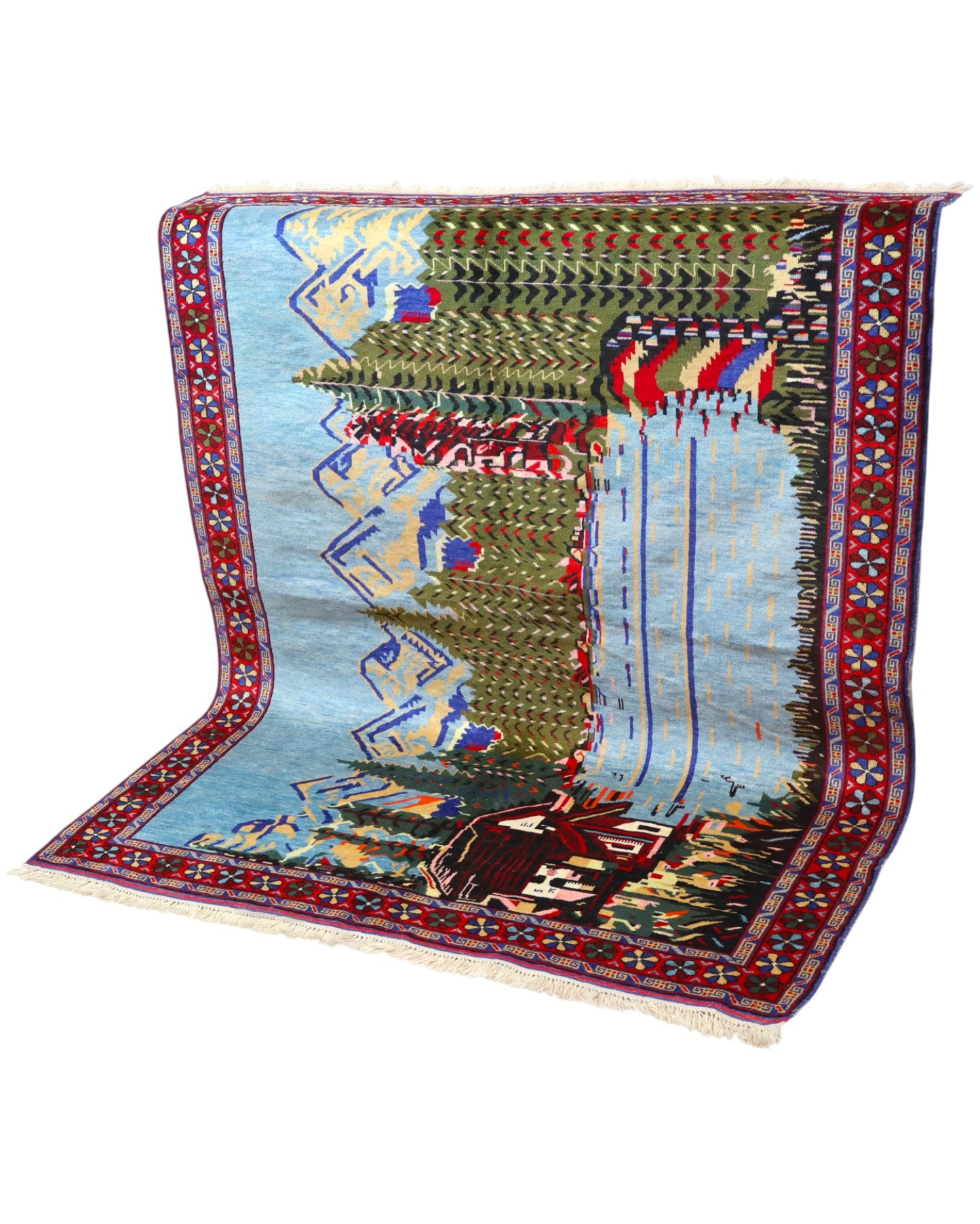 Tappeto Senneh persiano 167x134 cm, annodato a mano, con scena paesaggistica di villaggio, alberi, lago e montagne.