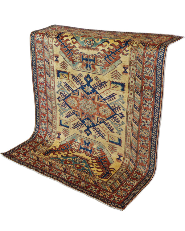 Tappeto Shirvan Afghan annodato a mano 159x120 cm con motivi geometrici caucasici e colori vivaci.