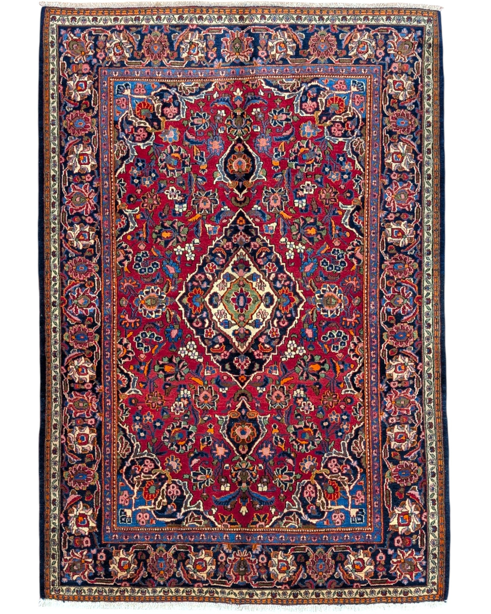 Tappeto Kashan Antico persiano, rosso melograno con disegno decorativo, annodato a mano, 198x134 cm.