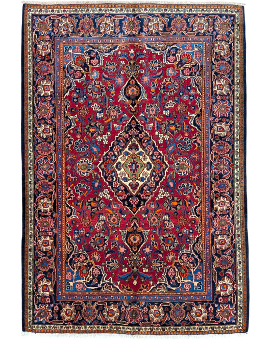 Tappeto Kashan Antico persiano, rosso melograno con disegno decorativo, annodato a mano, 198x134 cm.