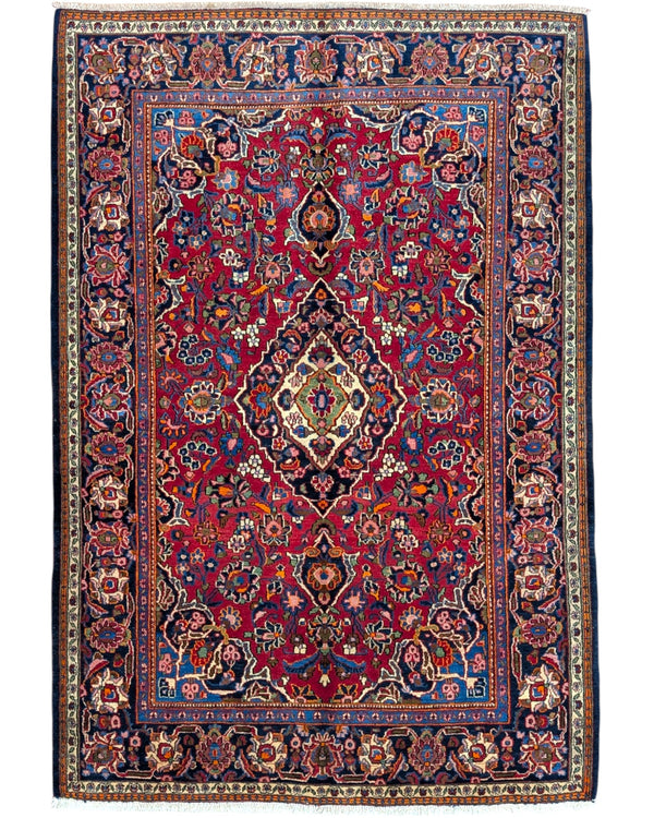 Tappeto Kashan Antico persiano, rosso melograno con disegno decorativo, annodato a mano, 198x134 cm.