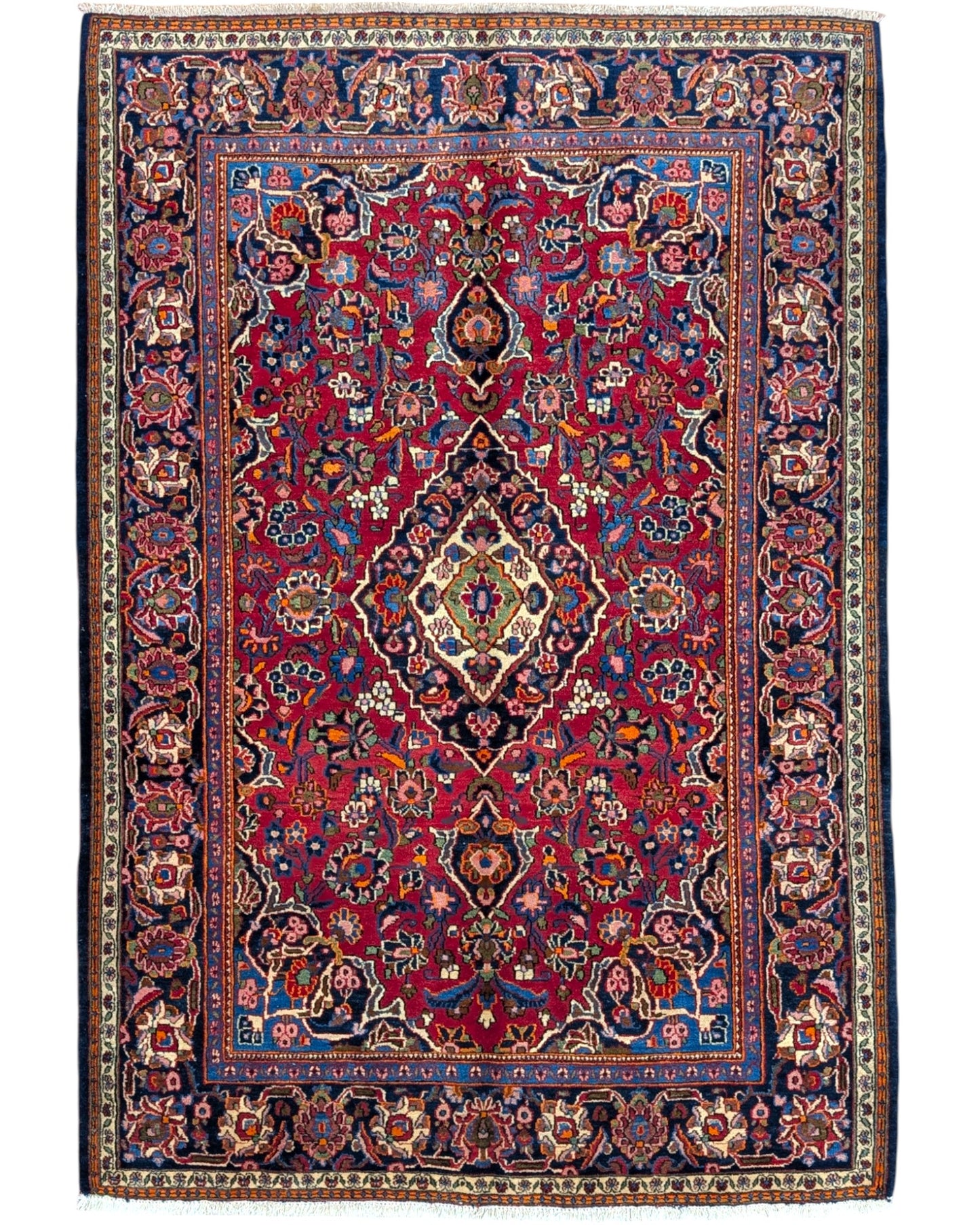 Tappeto Kashan Antico persiano, rosso melograno con disegno decorativo, annodato a mano, 198x134 cm.