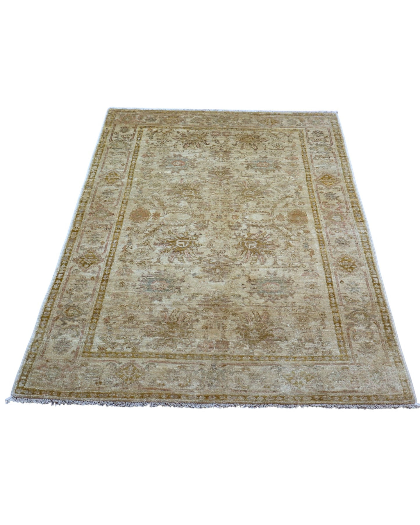 Tappeto Ziegler 185x120 cm annodato a mano con motivi floreali su fondo beige chiaro e bordura avorio.