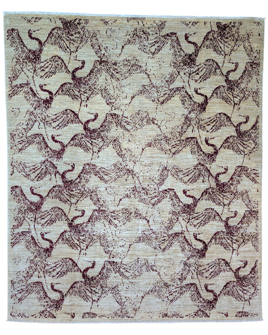 Tappeto Moderno persiano 293x243 cm con fondo beige e motivi astratti marrone scuro, tramato ed annodato a mano, artigianato persiano.