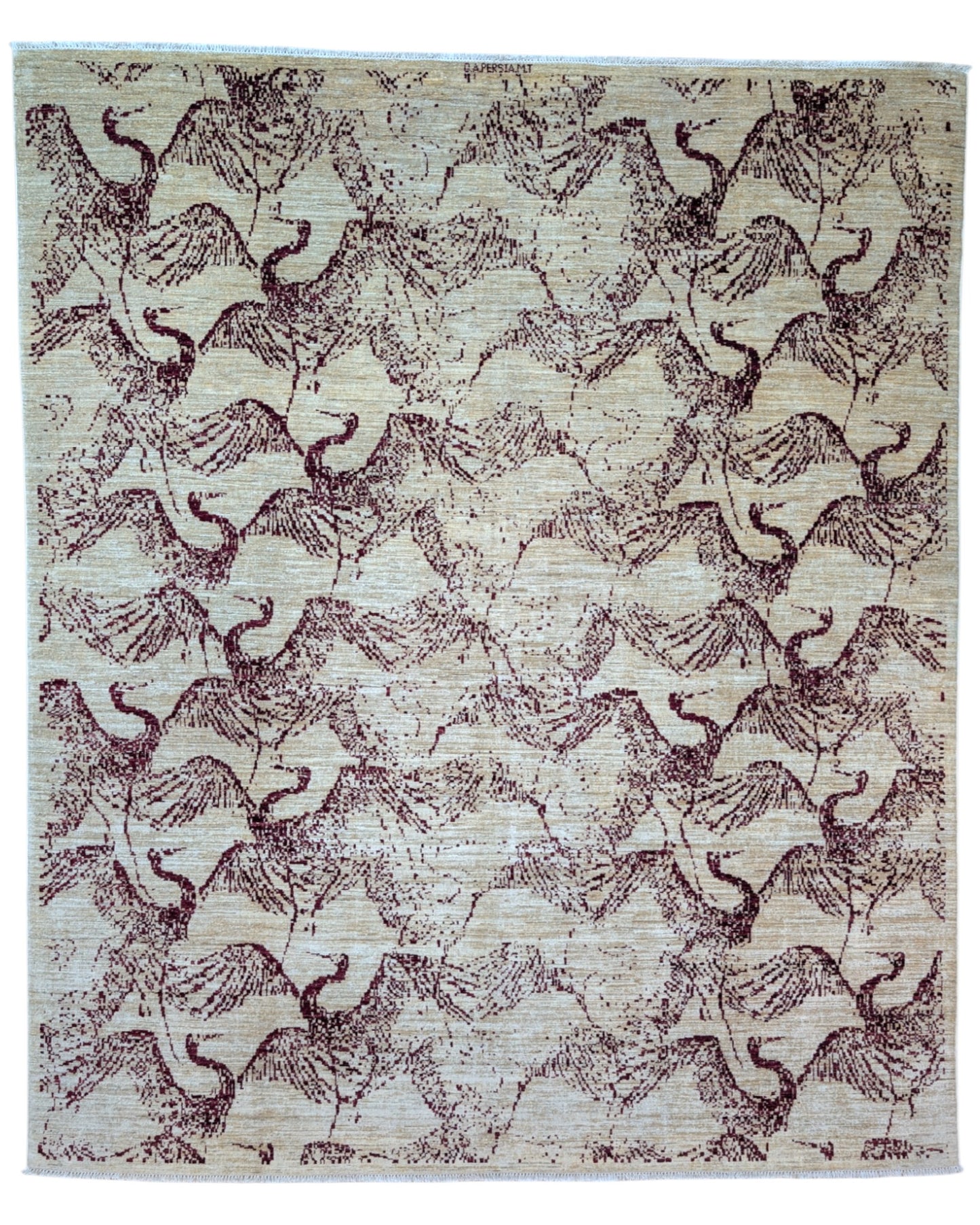 Tappeto Moderno persiano 293x243 cm con fondo beige e motivi astratti marrone scuro, tramato ed annodato a mano, artigianato persiano.