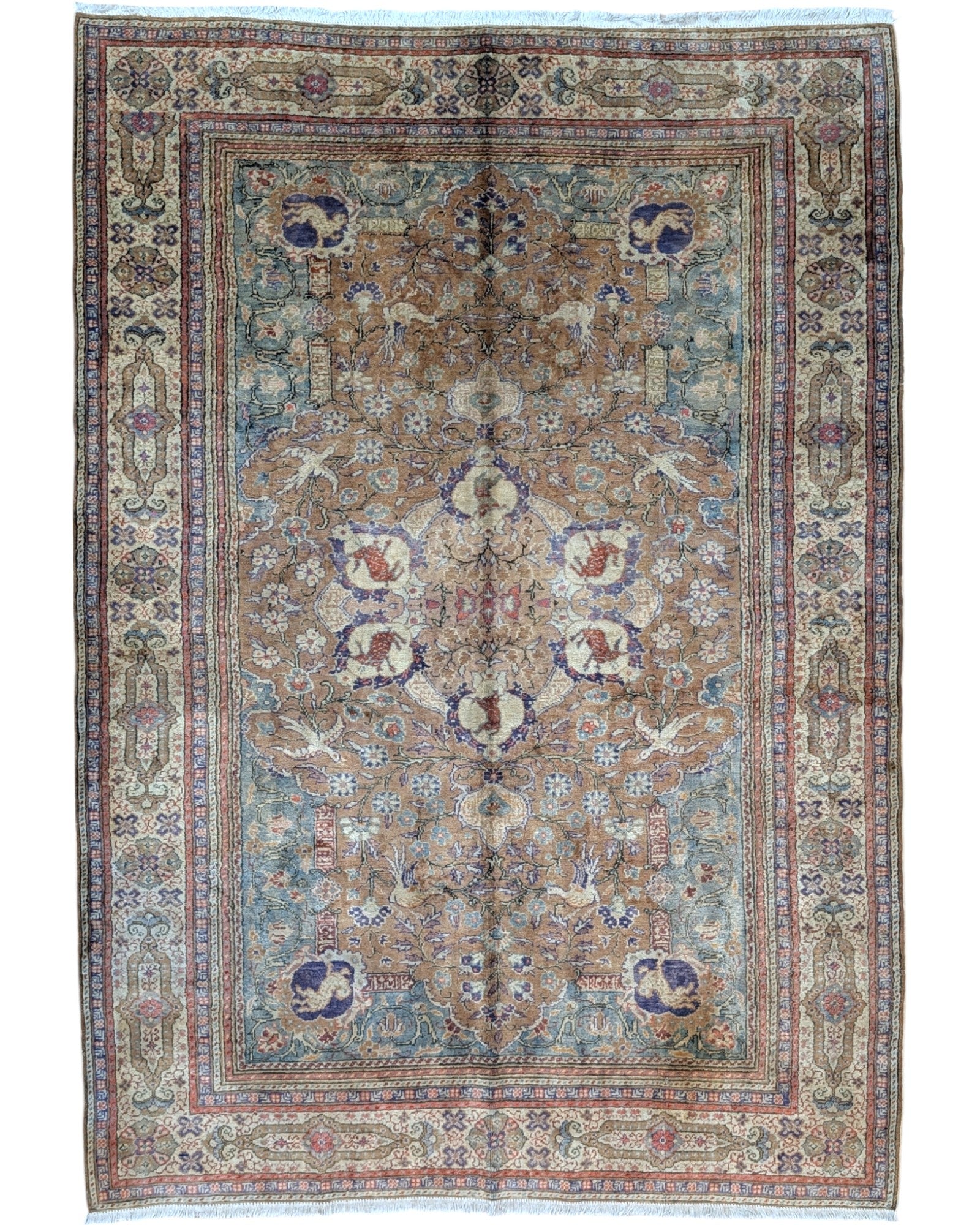 Tappeto Turco, annodato a mano, 216 x 150 cm, fondo mattone con disegno decorativo.