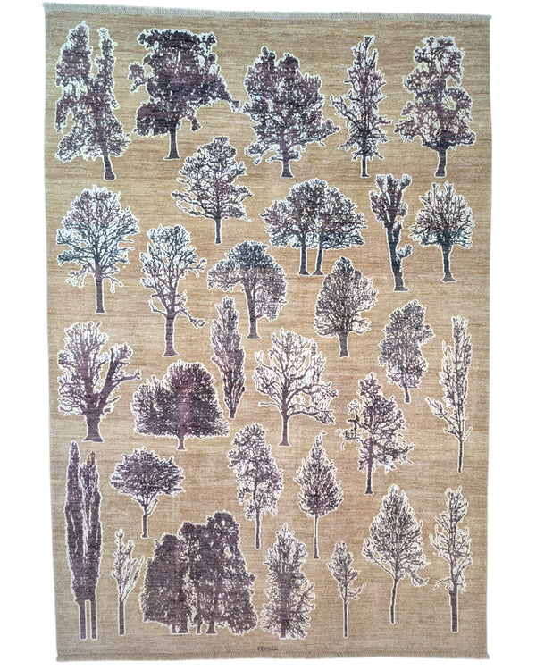 Tappeto moderno 300x202 cm Persia con motivo di alberi stilizzati su fondo beige, annodato a mano in lana naturale.