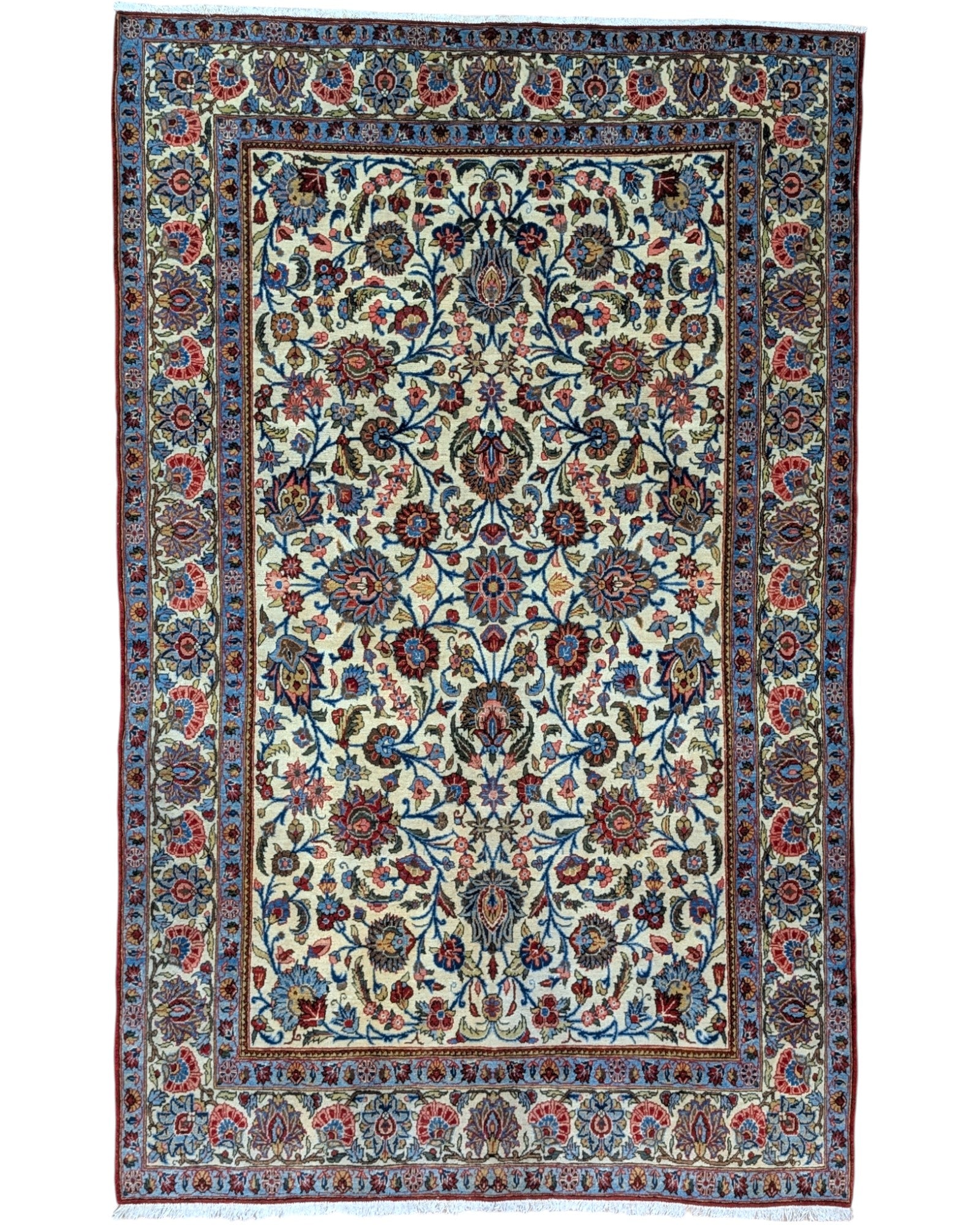 Tappeto Antico Najafabad persiano, fondo beige con disegno decorativo, annodato a mano, 216x136 cm.