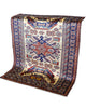 Tappeto Shirvan Afghan 157x121 cm con fondo avorio, motivi geometrici blu e rossi, tramato ed annodato a mano, provenienza Afghanistan.