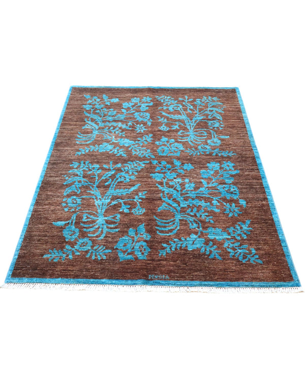 Tappeto Moderno 180x125 cm con fondo marrone e motivi floreali turchesi, tramato ed annodato a mano, provenienza Afghanistan.