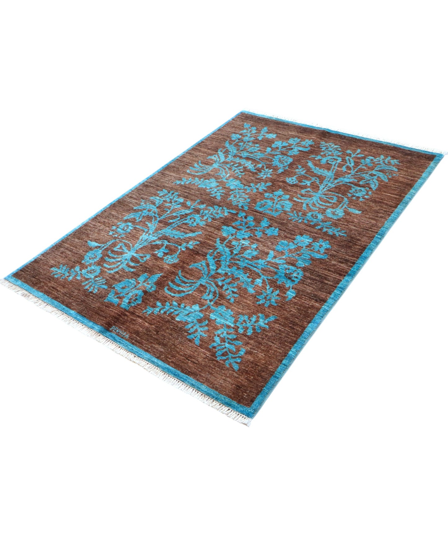 Tappeto Moderno 180x125 cm con fondo marrone e motivi floreali turchesi, tramato ed annodato a mano, provenienza Afghanistan.