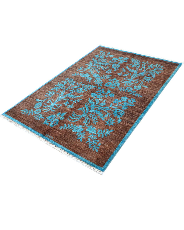Tappeto Moderno 180x125 cm con fondo marrone e motivi floreali turchesi, tramato ed annodato a mano, provenienza Afghanistan.