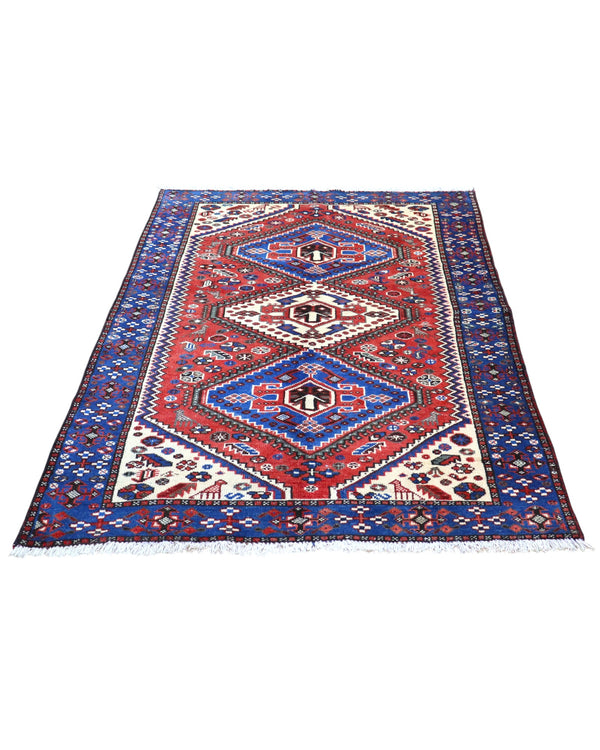 Tappeto Salame persiano 203x130 cm, annodato a mano, con tre medaglioni romboidali geometrici su fondo rosso e blu.