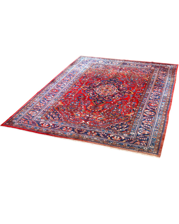 tappeto persiano Lilian annodato a mano 377x270 cm rosso con medaglione centrale e motivi floreali