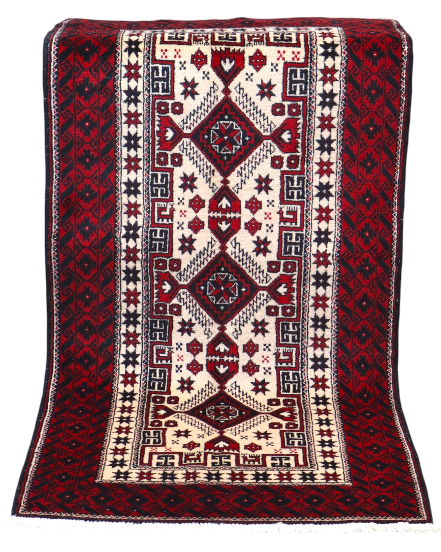 Tappeto Balochistan 187x95 cm annodato a mano, fondo avorio con motivi geometrici rossi, neri e verdi.