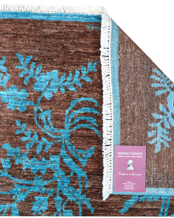 Tappeto Moderno 180x125 cm con fondo marrone e motivi floreali turchesi, tramato ed annodato a mano, provenienza Afghanistan.