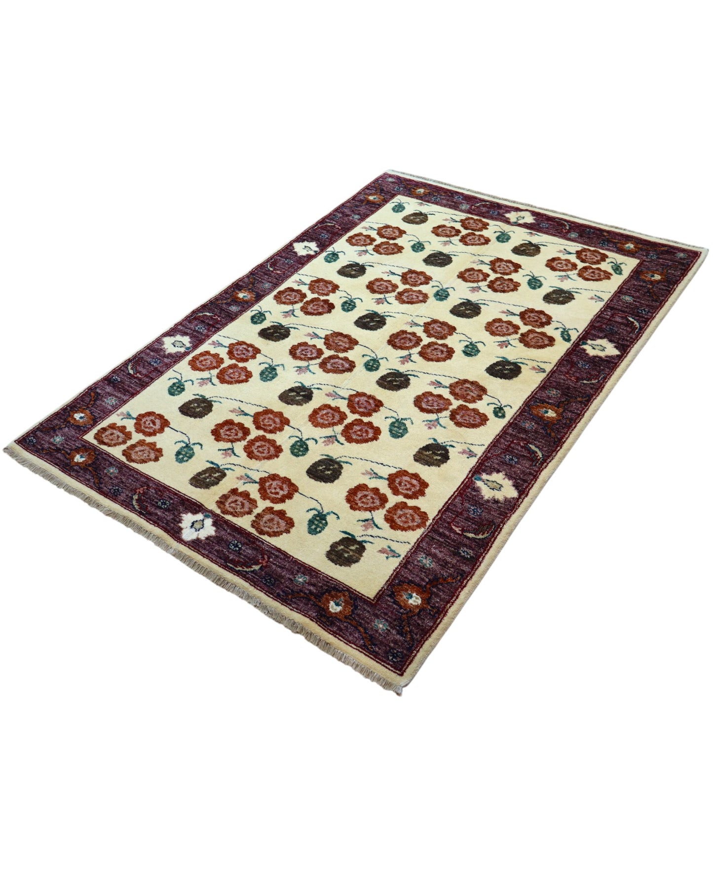 Tappeto Ziegler annodato a mano 180x126 cm con motivi floreali su fondo avorio e bordura viola.