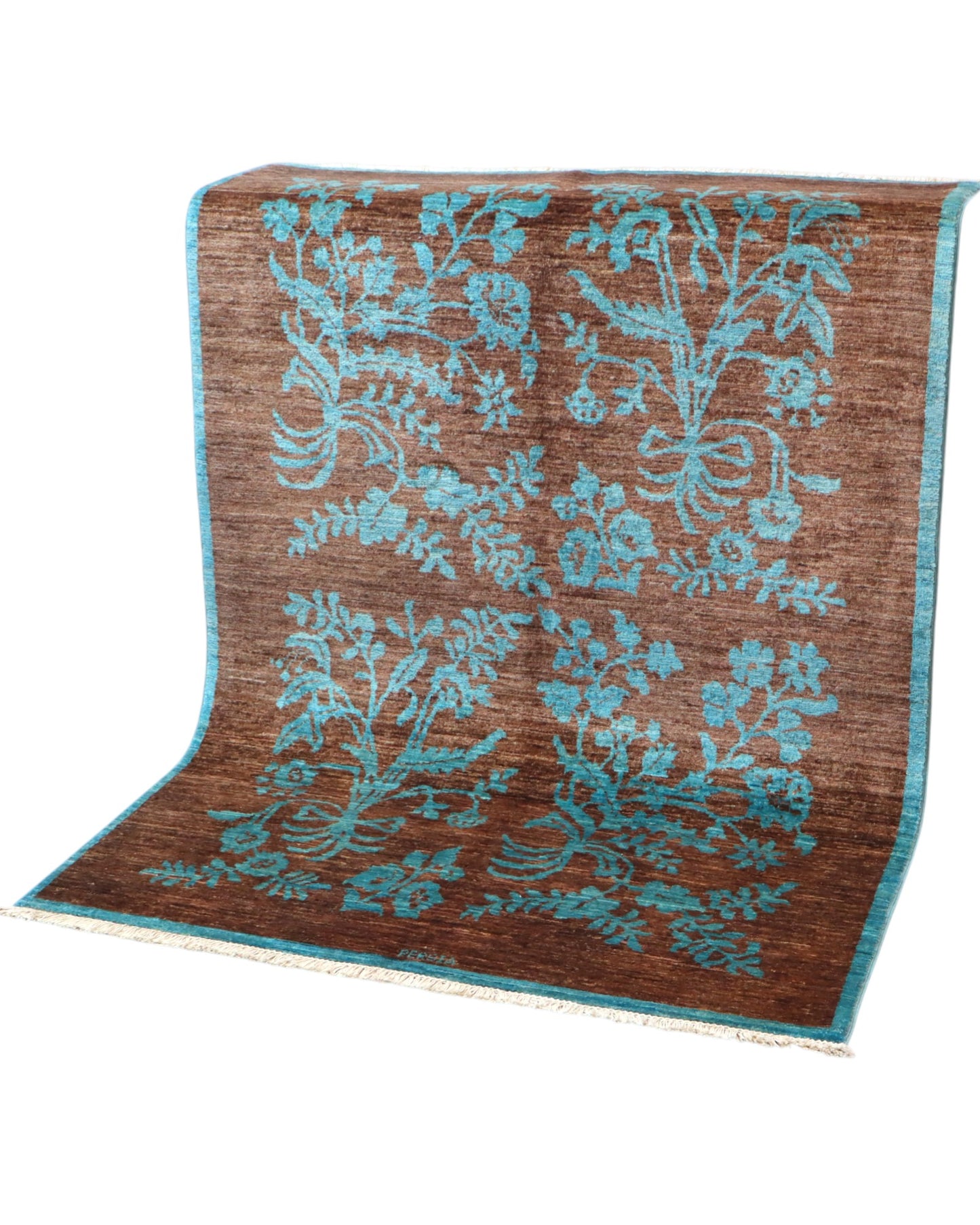 Tappeto Moderno 180x125 cm con fondo marrone e motivi floreali turchesi, tramato ed annodato a mano, provenienza Afghanistan.