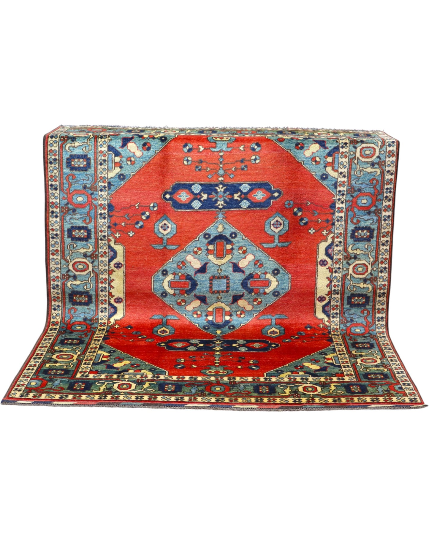 Tappeto Kazak, annodato a mano, 204 x 171 cm, fondo rosso con disegno geometrico.