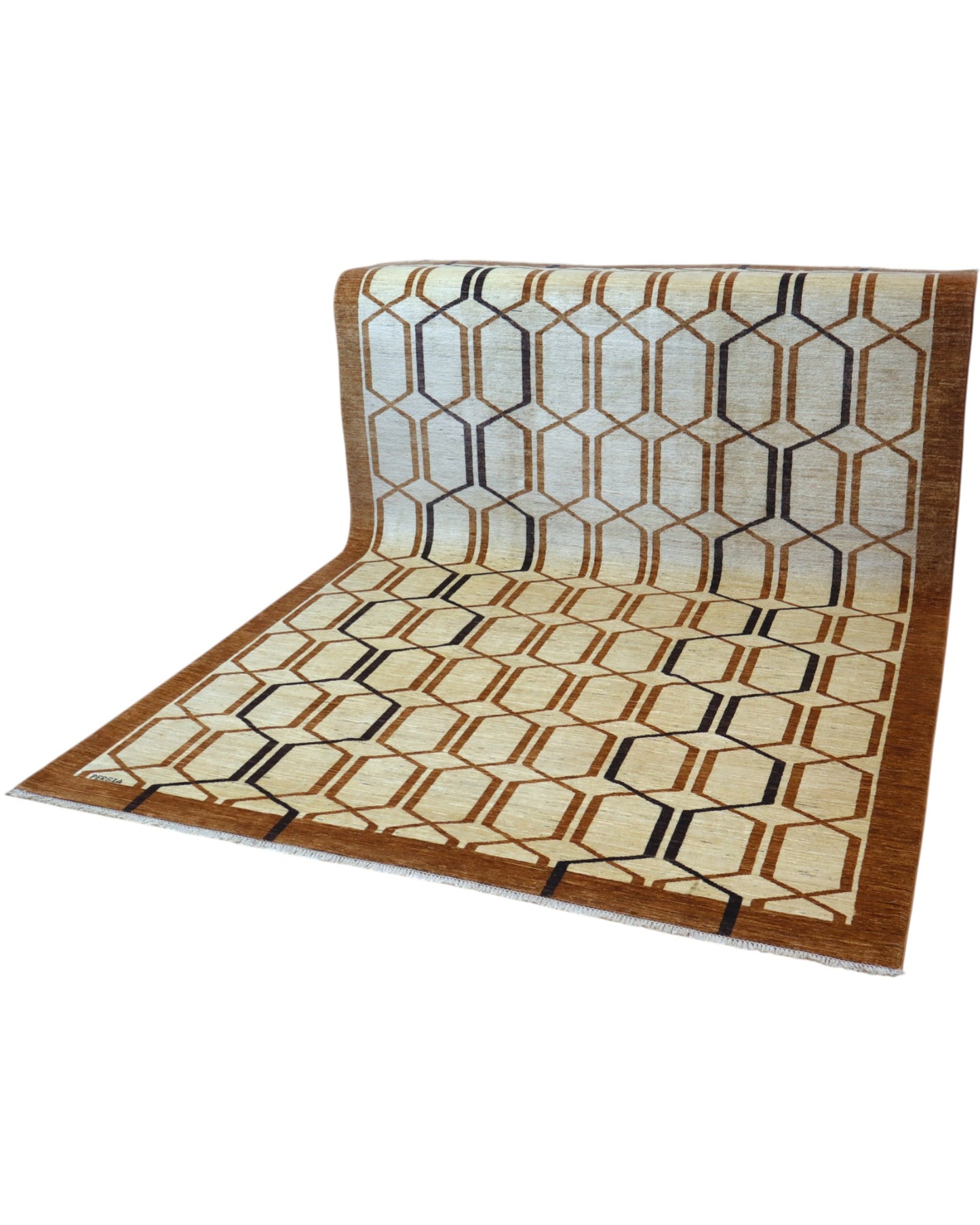 Tappeto Moderno persiano 300x203 cm con fondo beige e motivi geometrici esagonali in marrone e nero, tramato ed annodato a mano.