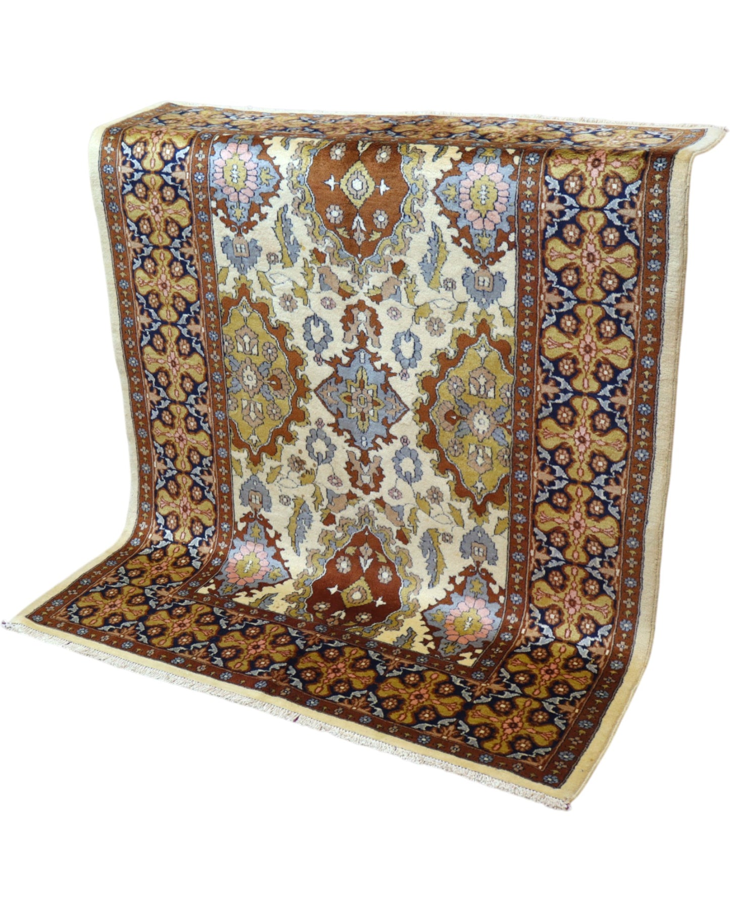 Tappeto Kashmir 159x130 cm in seta e lana, con motivi floreali su fondo avorio e cornice blu e oro, annodato a mano.