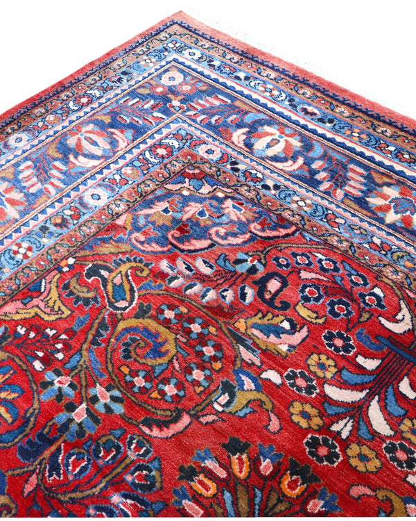 tappeto persiano Lilian annodato a mano 377x270 cm rosso con medaglione centrale e motivi floreali