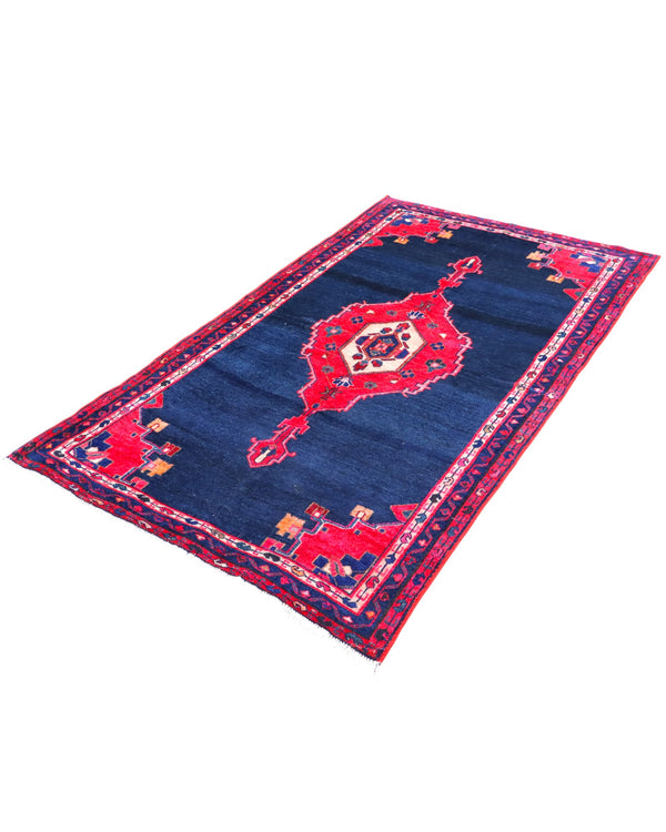 Tappeto Hamedan 200x119 cm, annodato a mano, con medaglione geometrico rosso, fondo blu notte e dettagli arancio.