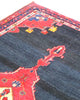 Tappeto Hamedan 200x119 cm, annodato a mano, con medaglione geometrico rosso, fondo blu notte e dettagli arancio.