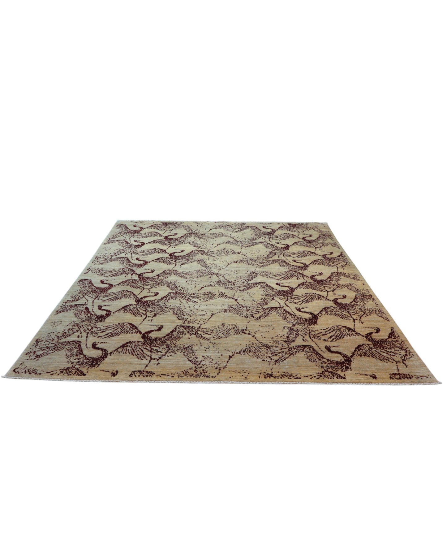 Tappeto Moderno persiano 293x243 cm con fondo beige e motivi astratti marrone scuro, tramato ed annodato a mano, artigianato persiano.