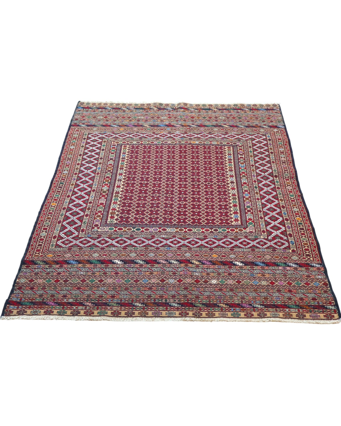 Tappeto Sumakh 184x126 cm con fondo bordeaux e motivi geometrici multicolori, annodato a mano, tradizione caucasica.