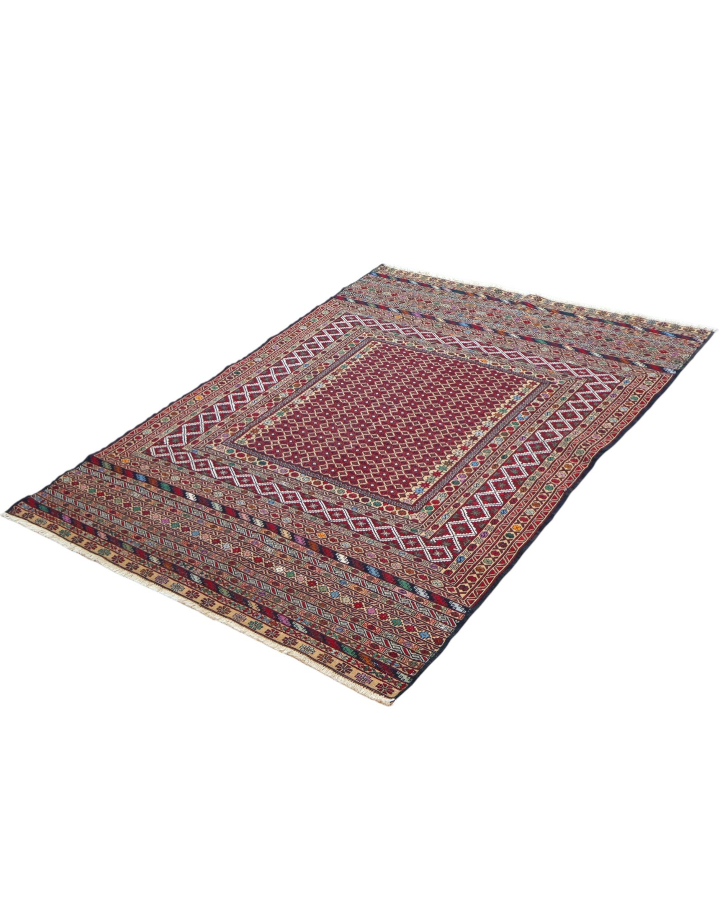 Tappeto Sumakh 184x126 cm con fondo bordeaux e motivi geometrici multicolori, annodato a mano, tradizione caucasica.