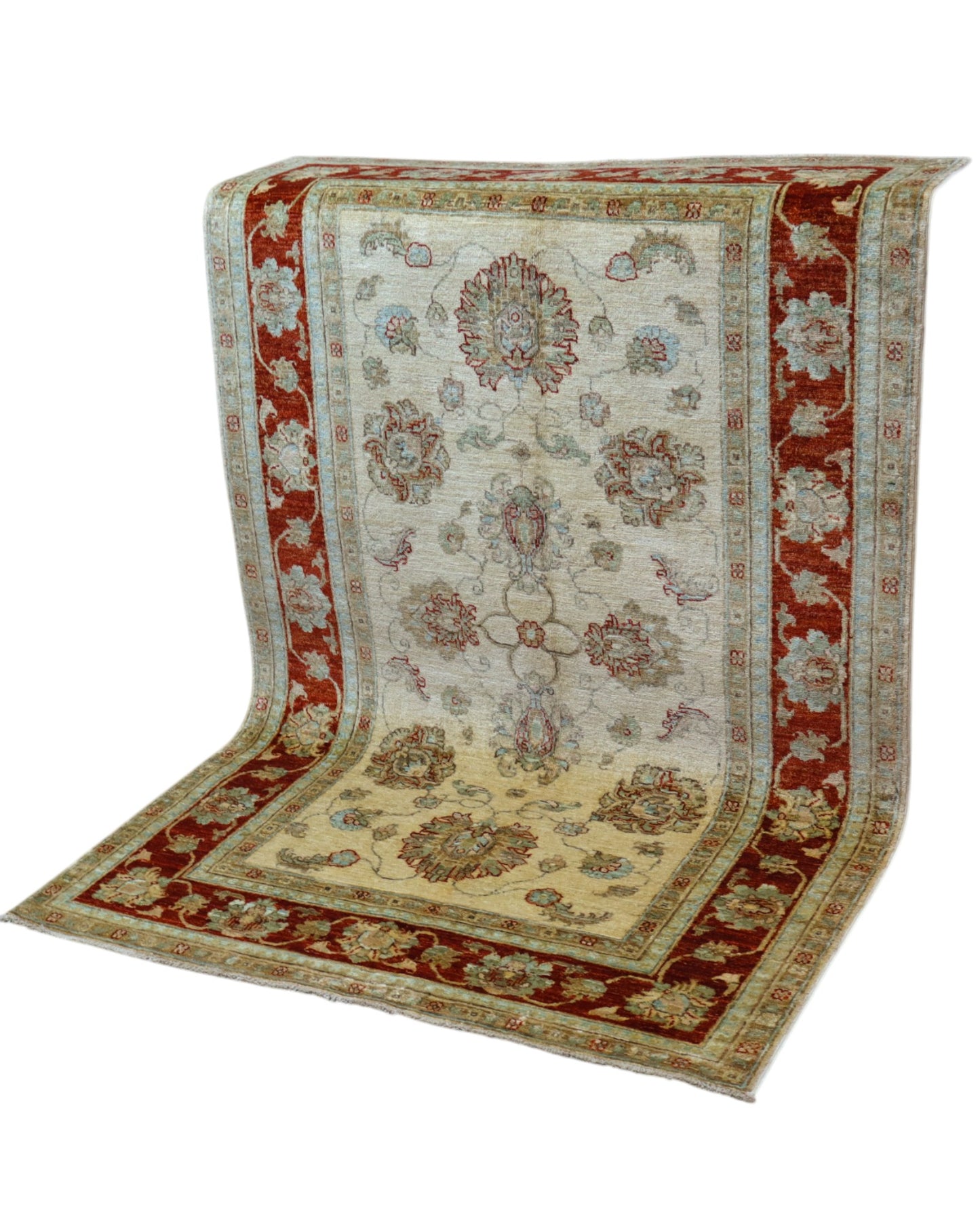 Tappeto Ziegler 184x116 cm con fondo avorio e bordura bordeaux, motivi floreali eleganti, tramato ed annodato a mano, provenienza Afghanistan.