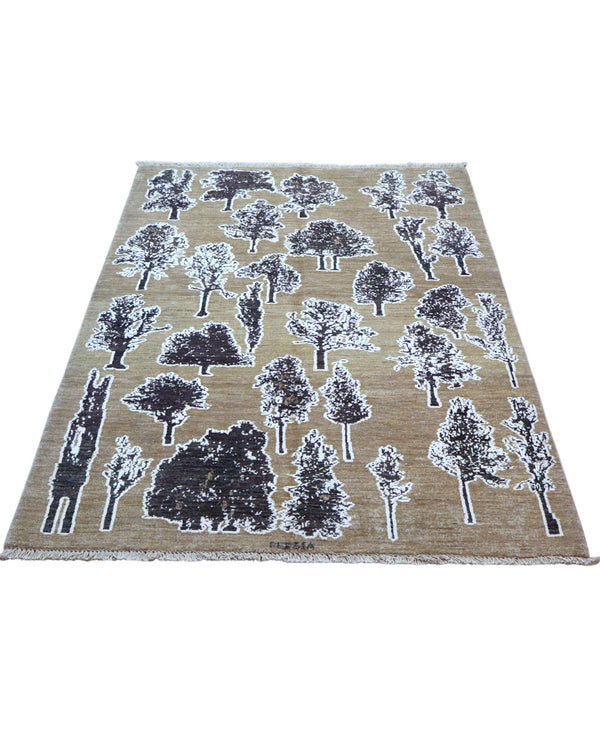 Tappeto Moderno 177x122 cm con fondo beige e motivi ad albero in nero e grigio, tramato ed annodato a mano, provenienza Afghanistan.