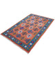Tappeto Kilim Persia 166x120 cm tessuto a mano, con motivi geometrici multicolore su fondo arancio e bordo blu.