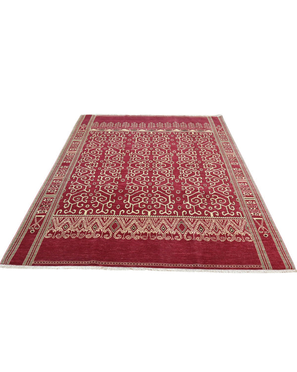 Tappeto Moderno persiano 271x183 cm con fondo bordeaux e motivi geometrici beige, tramato ed annodato a mano.