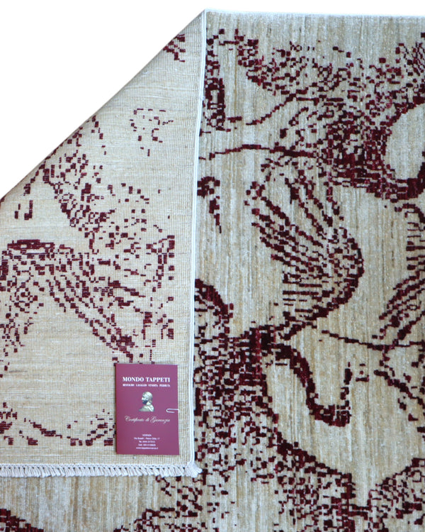 Tappeto Moderno persiano 293x243 cm con fondo beige e motivi astratti marrone scuro, tramato ed annodato a mano, artigianato persiano.