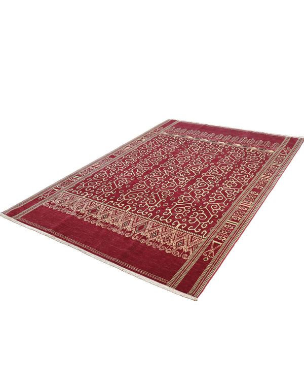 Tappeto Moderno persiano 271x183 cm con fondo bordeaux e motivi geometrici beige, tramato ed annodato a mano.