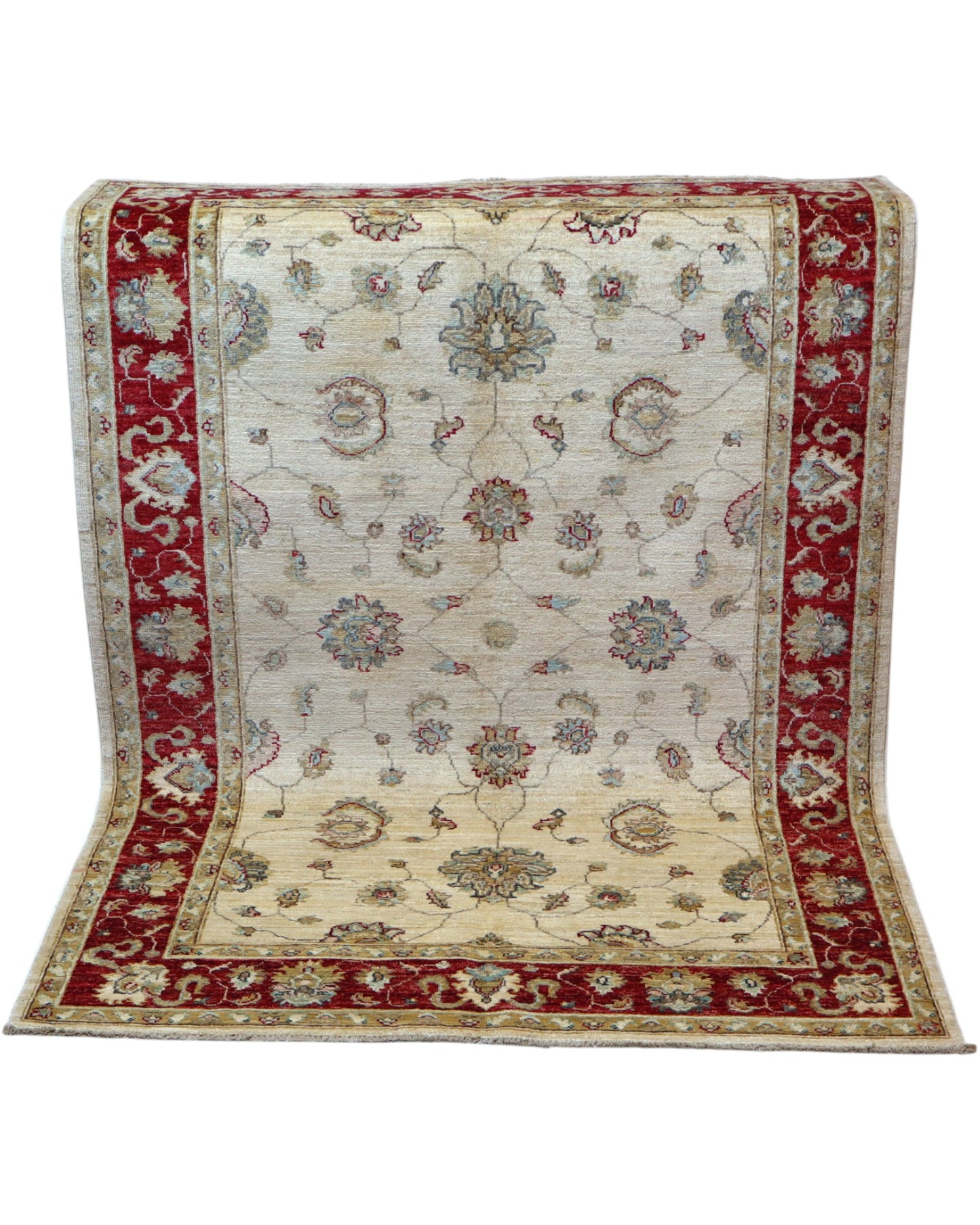 Tappeto Ziegler 175x127 cm, annodato a mano, fondo avorio con motivi floreali stilizzati e cornice rosso rubino.