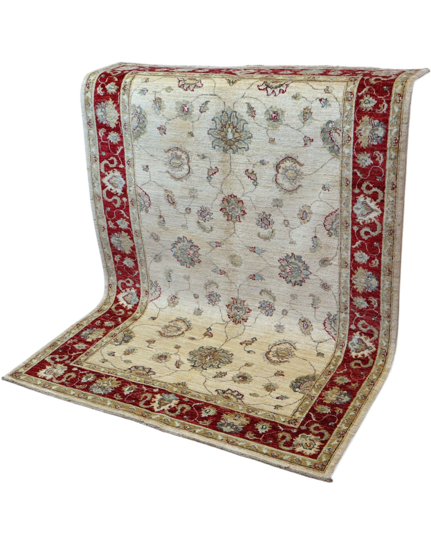 Tappeto Ziegler 175x127 cm, annodato a mano, fondo avorio con motivi floreali stilizzati e cornice rosso rubino.