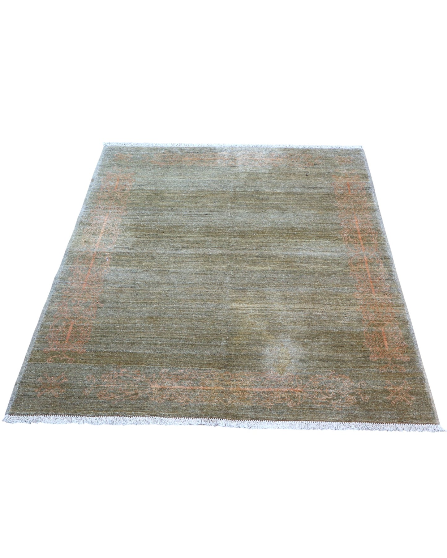 Tappeto Moderno 163x127 cm, lana annodata a mano, fondo grigio-marrone con decorazioni tono su tono aranciate.