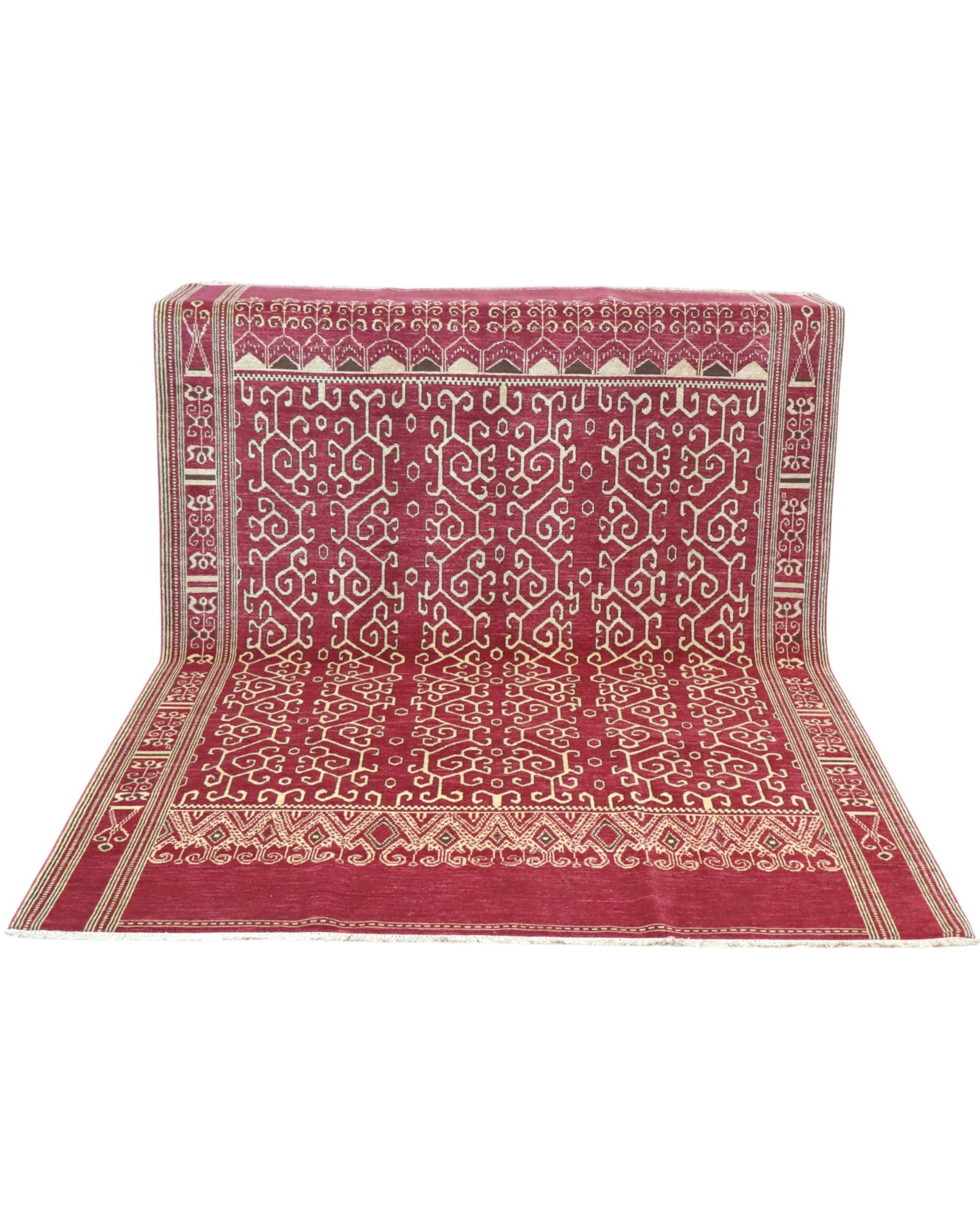 Tappeto Moderno persiano 271x183 cm con fondo bordeaux e motivi geometrici beige, tramato ed annodato a mano.