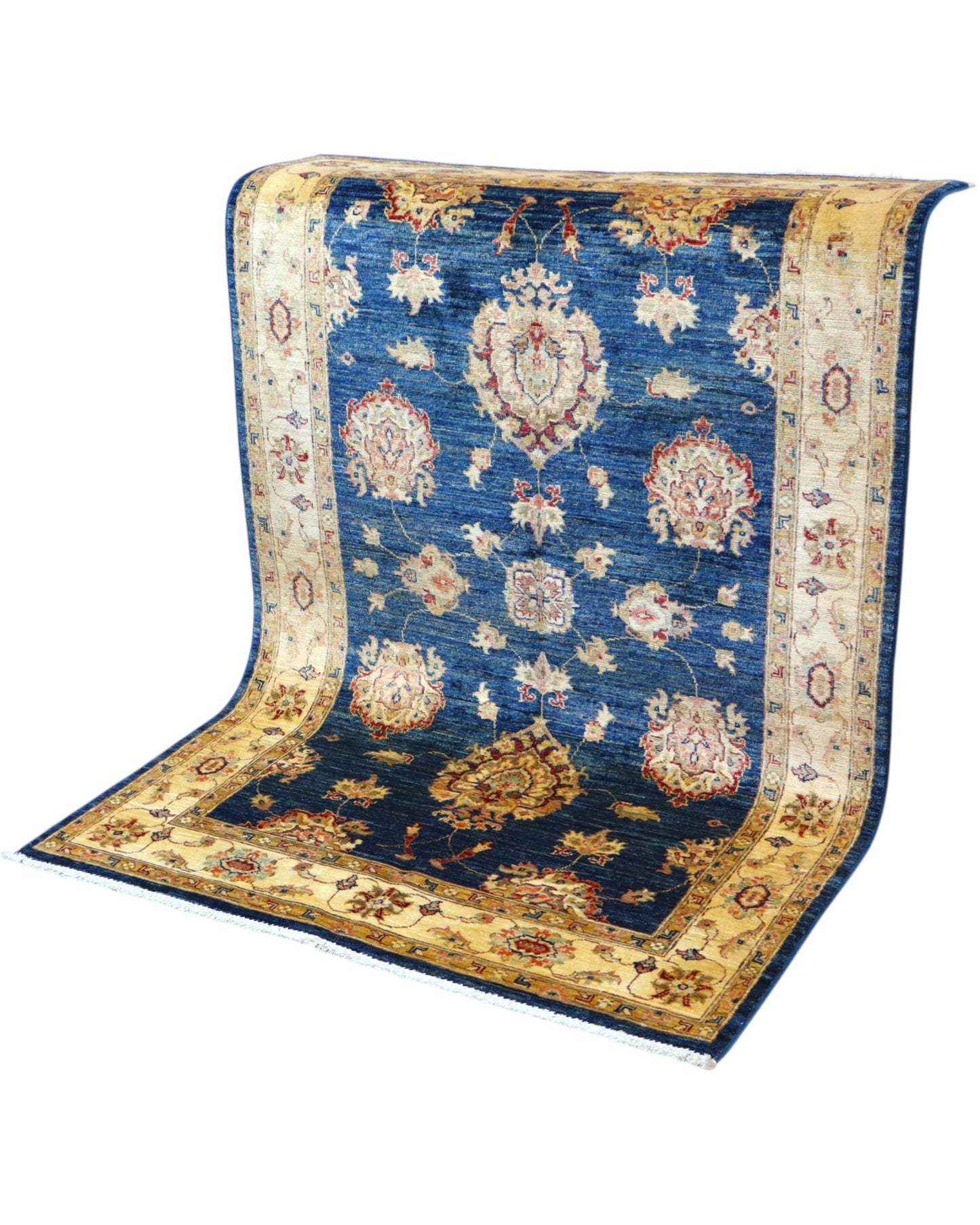 Tappeto Ziegler 178x122 cm con motivo floreale su fondo blu scuro e bordura beige, ideale per arredamenti eleganti.