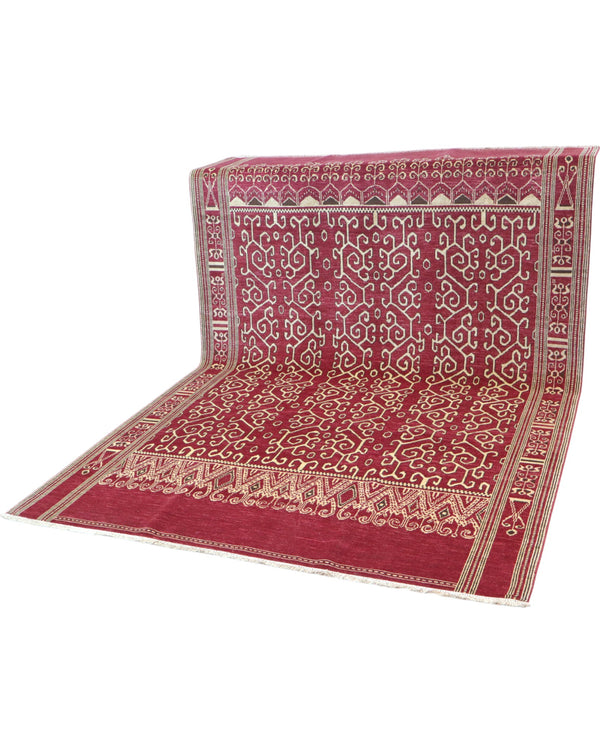 Tappeto Moderno persiano 271x183 cm con fondo bordeaux e motivi geometrici beige, tramato ed annodato a mano.