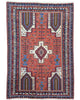 Tappeto Kilim 180x125 cm persiano tessuto a mano, con motivi geometrici tribali e medaglione centrale su fondo rosso mattone.