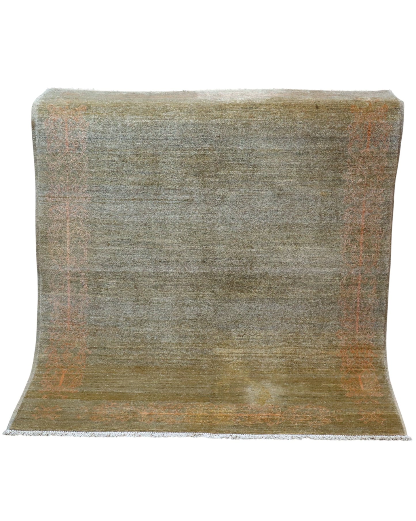 Tappeto Moderno 163x127 cm, lana annodata a mano, fondo grigio-marrone con decorazioni tono su tono aranciate.